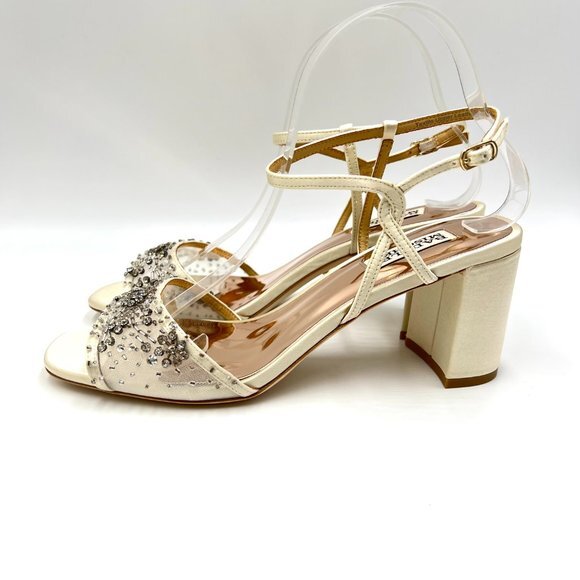 Badgley Mischka Size 8.5 Blaine Ivory Satin Jeweled Dress Sandals Heels Shoes - Picture 5 of 14